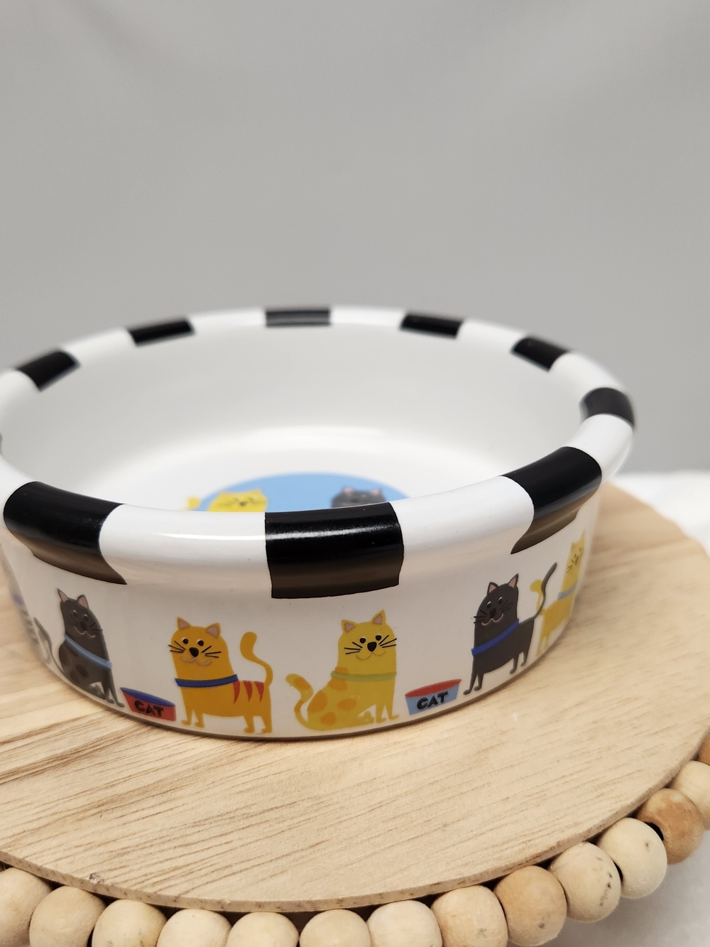 Striped Rim Ceramic Cat Bowl with Playful Cat Illustrations - Black & White